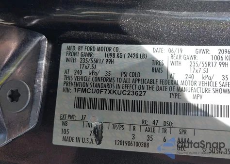 2019 Ford Escape S from USA, damaged, VIN 1FMCU0F7XKUC23627